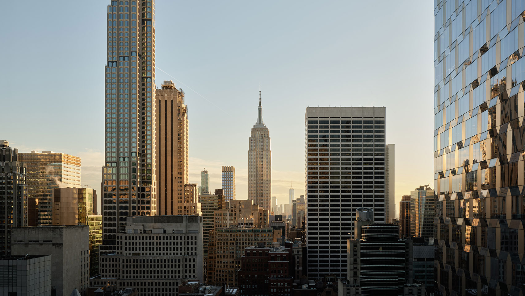 new york city skyline during golden hour
